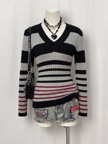 Bitrose Y2K 90s Inspired Streetwear Retro Contrast Color Ribbed Knit Top V-Neck Slim Fit Ribbed Long Sleeve Sexy Sweater Night Out Black And Red Autumn - Multicolor - View 3