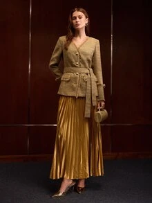MOTF RAW TRIM SINGLE-BREASTED WIDE WAIST BELT BLAZER - Khaki - View 6