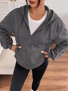 SHEIN EZwear 休閒運動灰色開襟連帽大尺碼夾克 - 深灰色 - 查看 6