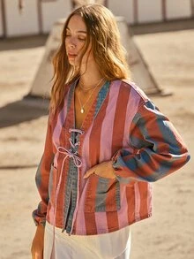 WESTFADE Lace Up Front Long Sleeve Striped Denim Top - Multicolor - View 4