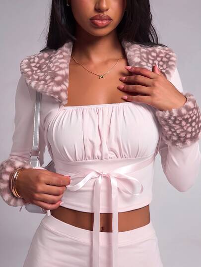 Nooralise Women's Early Autumn New Y2K Fashion Animal Print Patchwork Thin Jacket, Light Pink Sweet Bowknot Strap And Long Sleeve Thin Jacket 2 Pieces Set