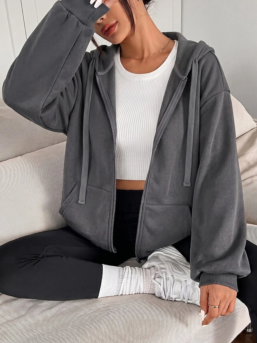 SHEIN EZwear 休閒運動灰色開襟連帽大尺碼夾克 - 深灰色 - 查看 1