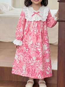 少女寬鬆休閒蕾絲拼接碎花家居服 - 粉色 - 查看 1