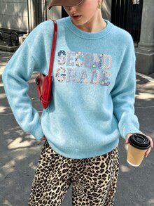 SHEIN ICON Suéter de punto de manga larga con cuello redondo, estampado de letras y patchwork, casual para otoño/invierno, top de vuelta al colegio para mujer - Azul - Ver 1
