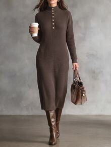 LUMIGAL Women's Metal Button High Neck Brushed Ribbed Straight Long Sleeve Loose Mid-Length Dress Casual Commute - Brown - View 3