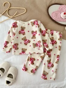SHEIN 女嬰針織仿皮草圓領熊圖案休閒秋季上衣與長褲家居服2件套，1組隨機發貨 - 彩色 - 查看 3