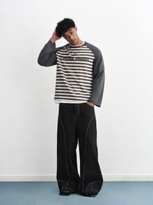 TOKVUE Men's Young American Style Striped Minimalist Letter Print Loose Casual Daily Commute Date Holiday Colorblock Patchwork Long Sleeve T-Shirt Top - Grey - View 5