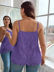 Reflora Plus Size French Lace Camisole Tank Top, Vacation & Street Style - Purple - View 2