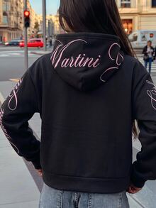 SHEIN 青少年女孩寬鬆休閒極簡舒適日常街頭風粉色字母刺繡連帽寬鬆版型貼袋前開襟拉鍊短版長袖運動衫外套灰色返校穿搭 - 黑色 - 查看 4