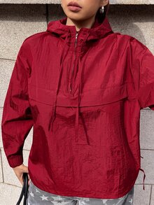 Muchica Plus Size Women's Solid Color Half-Zip Hooded Long Sleeve Jacket Autumn Club Office Red Smart Casual Sport - Red - View 8