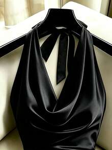 Selianne New Elegant Women's Solid Color Draped Neck Backless Dress, Fitted Waist, Tailored Fit. Suitable For Various Occasions Including Summer Vacation, Spring/Summer Commute, Home Leisure, Dating, Daily Wear, Party, Beach, Graduation Season And Office - Black - View 3