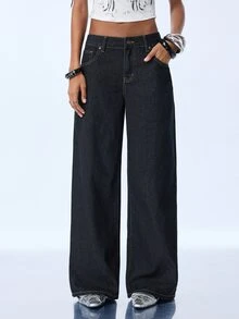 Y2Kool Women's Rivet Design Pocket Wide Leg Loose Casual Denim Jeans - Navy Blue - View 3