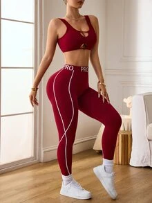 SHEIN Velisys Women's Cutout Sexy Tank Top And Striped Contrast Color Fitted Long Pants 4-Piece Sports Set - Multicolor - View 4