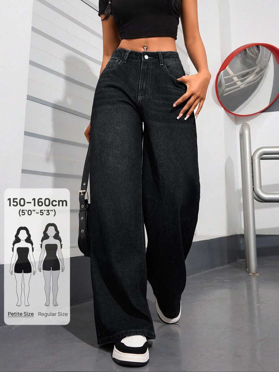 SHEIN PETITE Casual Washed Wide Leg Denim Jeans - Black - View 1