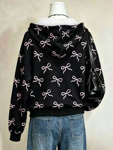Lalippa Women's Bow Pattern Zip-Up Casual Everyday Sweatshirt - Multicolor - View 2