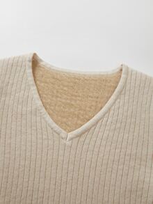 SHEIN Autumn Winter Slim Fit Simple Loungewear V Neck Integrated Fleece Women Casual Base Layer Knit Sweat - Apricot - View 7