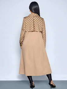 SOLERSUN Spliced Long Trench Coat Double Breasted Windbreaker Loose Oversized Business Casual Elegant Outerwear Daily Commute Autumn Streetwear Office Beige - Brown - View 3