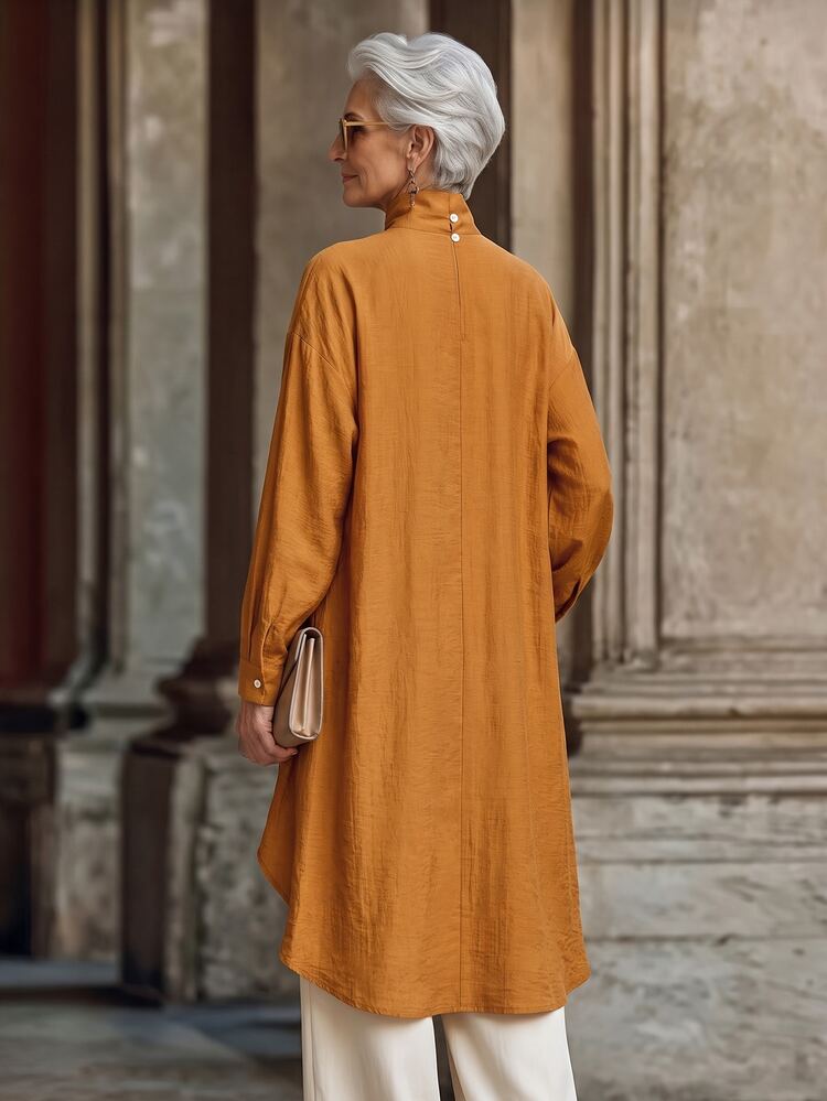 EMERY ROSE Mature Women's French Elegant Orange Asymmetric Long Sleeve Tunic Shirt, Winter Blouse For Christmas Halloween New Year & Party Occasions - Burnt Orange - View 2