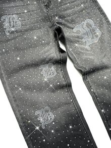 Manfinity EMRG Men's Street Life Gothic Letter Rhinestone Design Gradient Washed Denim Straight Leg Jeans - Black - View 3
