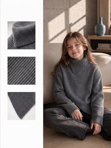 Autumn/Winter Girls' Design Pullover Sweater, Loose Fit Lapel 2 In 1 Asymmetrical Hem Grey Knit Top - Grey - View 4