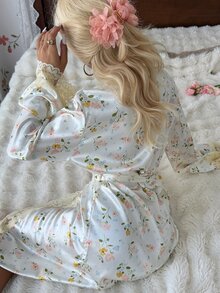 CottageSlumber 1pc Women's Sexy Faux Silk Lace Print Long Sleeve Short Robe - Beige - View 6