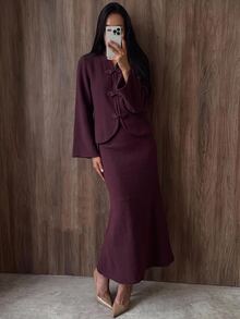 Aloruh Women's Ruyi Button Knit Sweater & Skirt Set - Burgundy - View 5