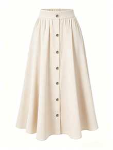 SHEIN LUNE Elegant Commuter Waist-Cinched Button-Front Solid Color Plus Size Women's A-Line Casual Vacation Skirt Fall Brunch Office White - Apricot - View 1