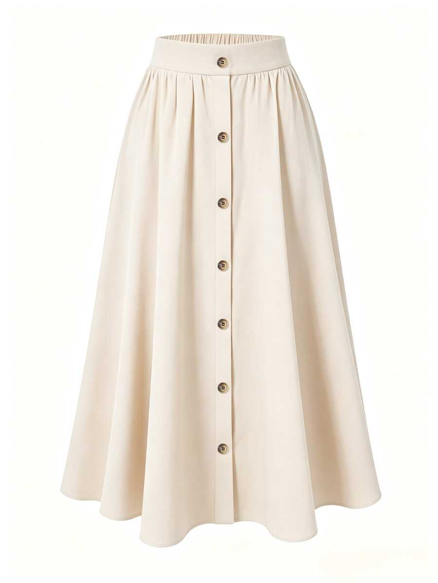 SHEIN LUNE Elegant Commuter Waist-Cinched Button-Front Solid Color Plus Size Women's A-Line Casual Vacation Skirt Fall Brunch Office White - Apricot - View 1