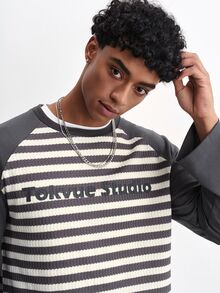 TOKVUE Men's Young American Style Striped Minimalist Letter Print Loose Casual Daily Commute Date Holiday Colorblock Patchwork Long Sleeve T-Shirt Top - Grey - View 4