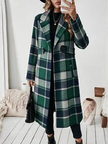 SHEIN 女款長袖缺口領格紋大衣附腰帶 - 綠色 - 查看 4