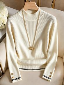 SHEIN Franclia French Style Semi-High Neck Ribbed Knit Base Layer Top For Women, Contrast Color Ribbed Cuffs With Gold Buttons, Slim Fit Commuter Elegant Long Sleeve Innerwear - Apricot - View 1