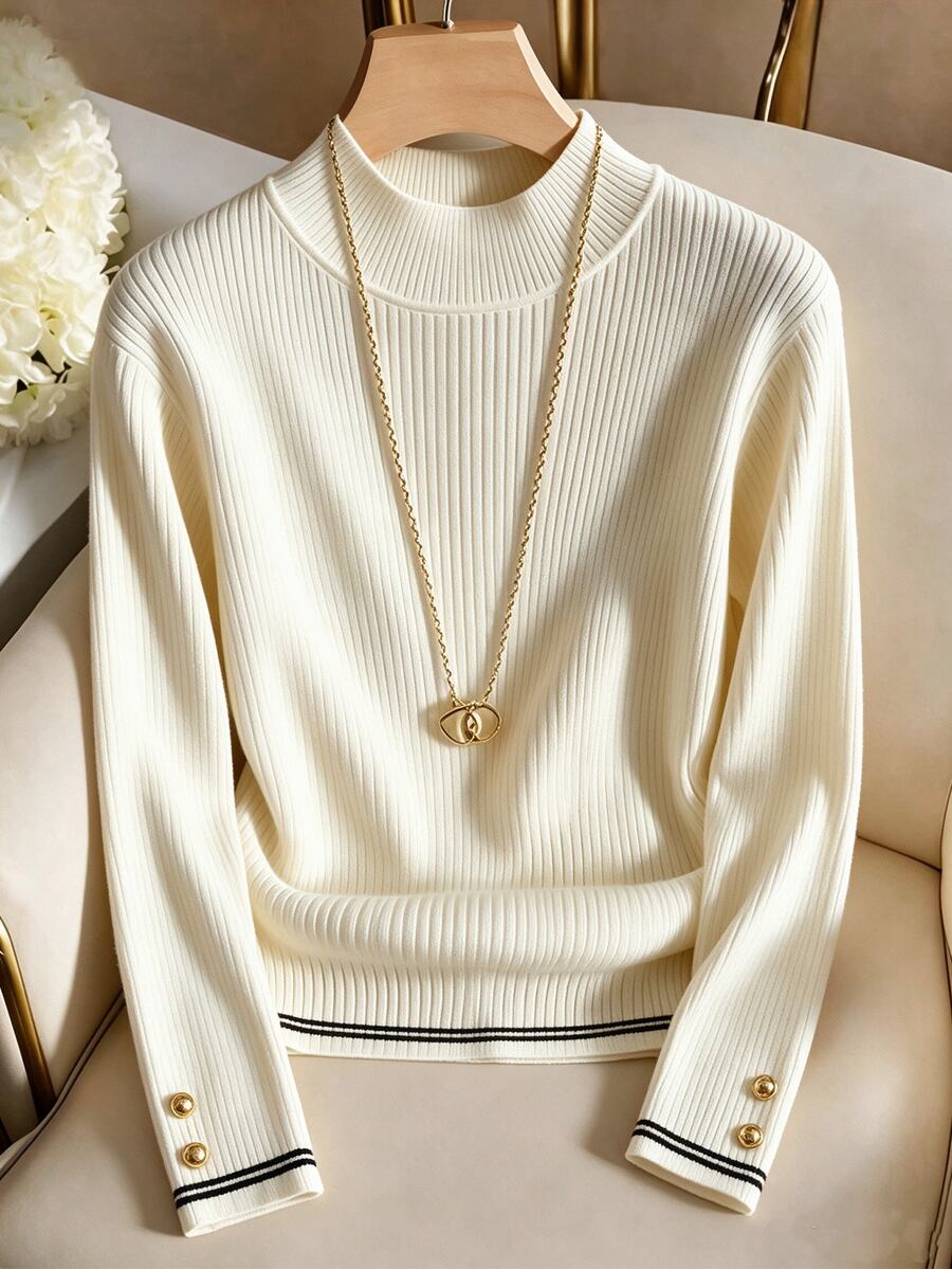 SHEIN Franclia French Style Semi-High Neck Ribbed Knit Base Layer Top For Women, Contrast Color Ribbed Cuffs With Gold Buttons, Slim Fit Commuter Elegant Long Sleeve Innerwear - Apricot - View 1