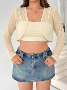 Muchica Apricot Short Sheer Mesh Jacket Plus Size - Apricot - View 5