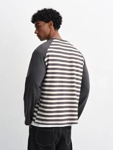 TOKVUE Men's Young American Style Striped Minimalist Letter Print Loose Casual Daily Commute Date Holiday Colorblock Patchwork Long Sleeve T-Shirt Top - Grey - View 2