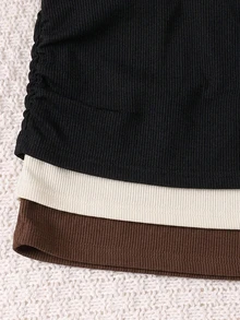 SHEIN 女童 3 件組針織素色圓領抓皺休閒 T 恤套裝 - 彩色 - 查看 4