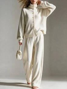 SHEIN Minimalist Premium Pure White Knit Sweater Set Women Autumn/Winter High Neck Loose Slouchy Long Pants 2 Pieces Set - Beige - View 3
