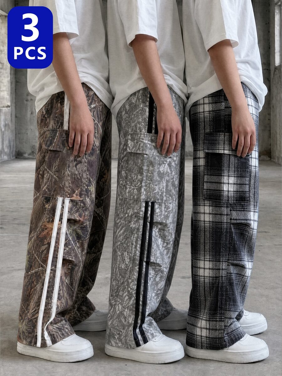 3件組青少年男孩迷彩印花數位印花格紋印花時尚街頭風直筒工裝長褲 - 灰色 - 查看 1