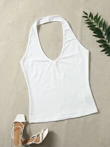 SHEIN EZwear 大尺碼女款純色休閒基礎款寬鬆百搭日常穿搭掛脖上衣 3件/組 早午餐度假風 黑色 白色 卡其色 夏季 - 彩色 - 查看 3