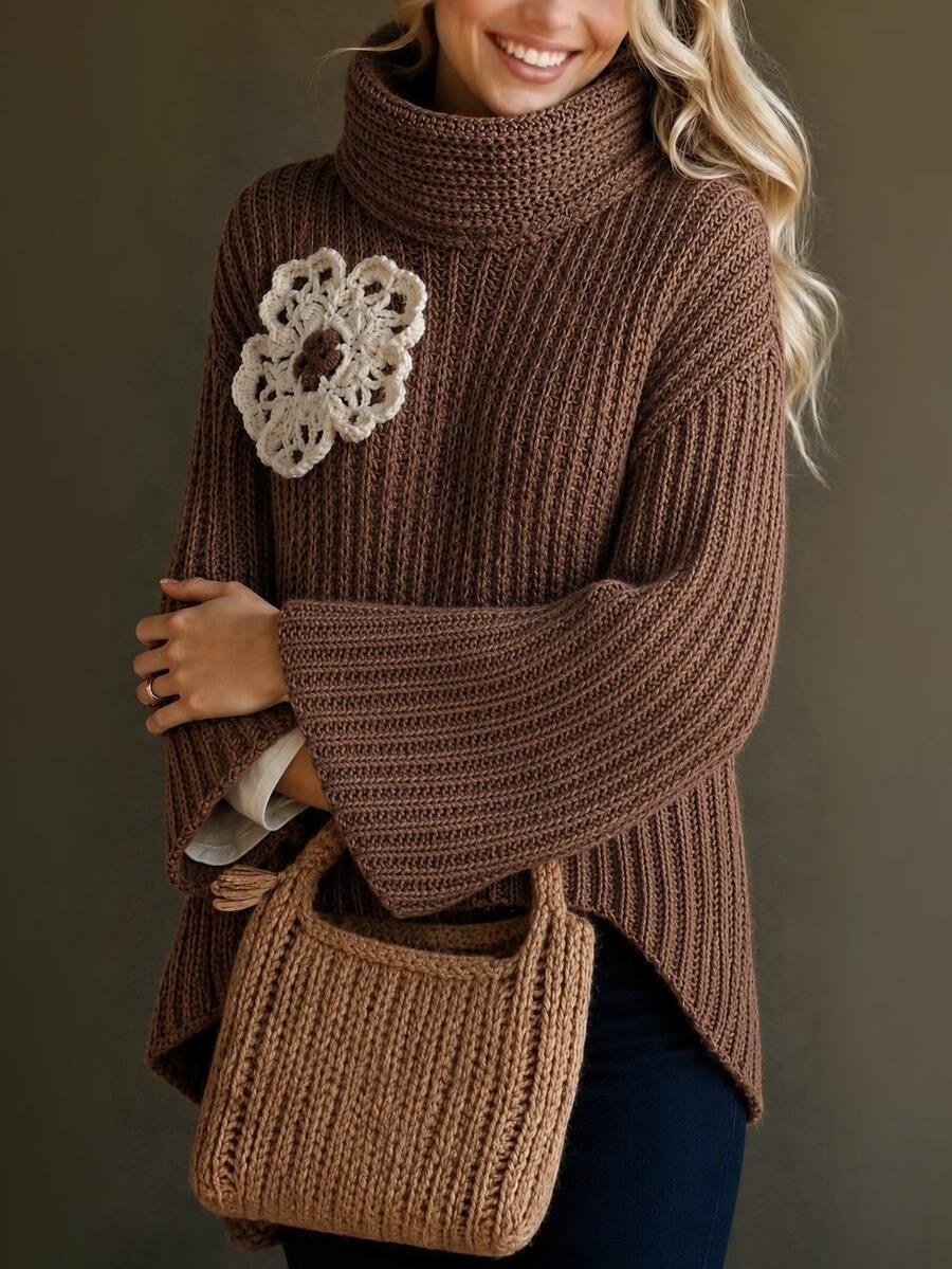 Holdful Holdful Women's Solid Color High Neck Drop Shoulder Long Sleeve Loose Sweater - Brown - View 1