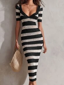 Solivie Women's Slim Fit Striped Colorblock Hollow Out Short Sleeve Knit Dress - Black - View 1