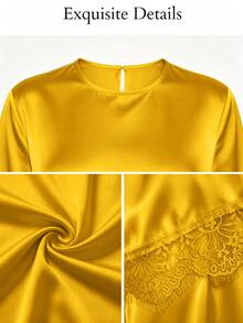 SOLERSUN Early Autumn Women's Casual Elegant Daily Wear Cocktail Dinner Glossy Fabric Flared Sleeve Tie-Waist Lace Pants Set (Random Lace) Mustard Yellow - Mustard Yellow - View 7