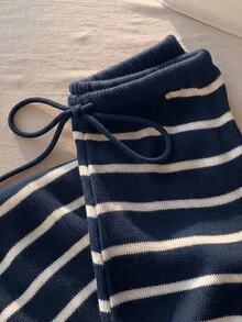 Comfortcana Plus Size Casual Colorblock Striped Knit Long Pants, Autumn/Winter Fall - Navy Blue - View 6