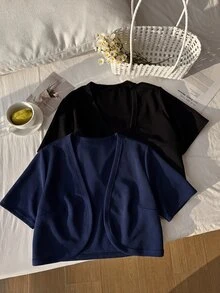 Comfortcana 大尺碼女款短袖黑白兩件式開襟針織外套套裝，夏季 - 彩色 - 查看 6