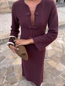 Aloruh Women's Ruyi Button Knit Sweater & Skirt Set - Burgundy - View 6
