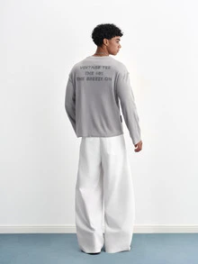TOKVUE Men's Casual Commuter Versatile Gray Textured Letter Print Crew Neck Long Sleeve T-Shirt - Grey - View 4