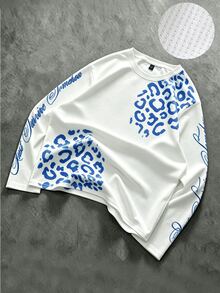 ROMWE MEN Kaos Pria Lengan Panjang Longgar Bahan Waffle dengan Huruf Bunga dan Motif Leopard - Putih - View 5
