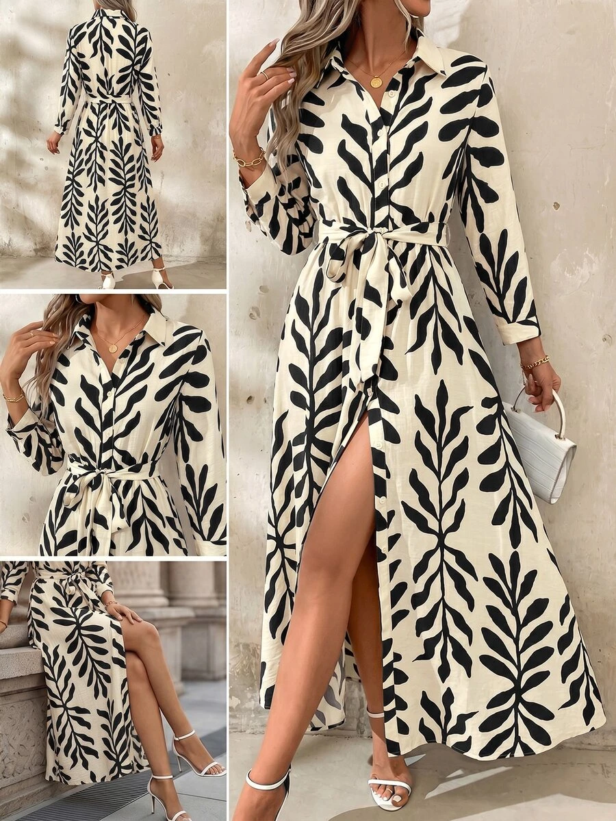 SHEIN Clasi 女款優雅襯衫領附腰帶襯衫洋裝 - 黑色 - 查看 1