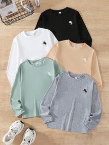 SHEIN 5件組 青少年男孩秋冬休閒針織百搭卡通圖案長袖T恤上衣套裝 可愛上衣 - 彩色 - 查看 4