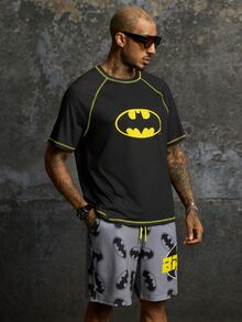BATMAN X SHEIN Men's Summer Casual T-Shirt & Bat Print Shorts Set - Black - View 5