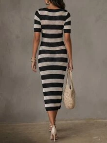 Solivie Women's Slim Fit Striped Colorblock Hollow Out Short Sleeve Knit Dress - Black - View 3